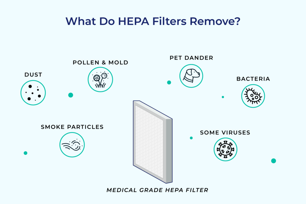 An infographic showing an air-filter in the center with 6 icons floating around it to show what the HEPA filters can remove from the air. HEPA filters can remove dust, pollen, mold, smoke particles, dander, bacteria and some viruses