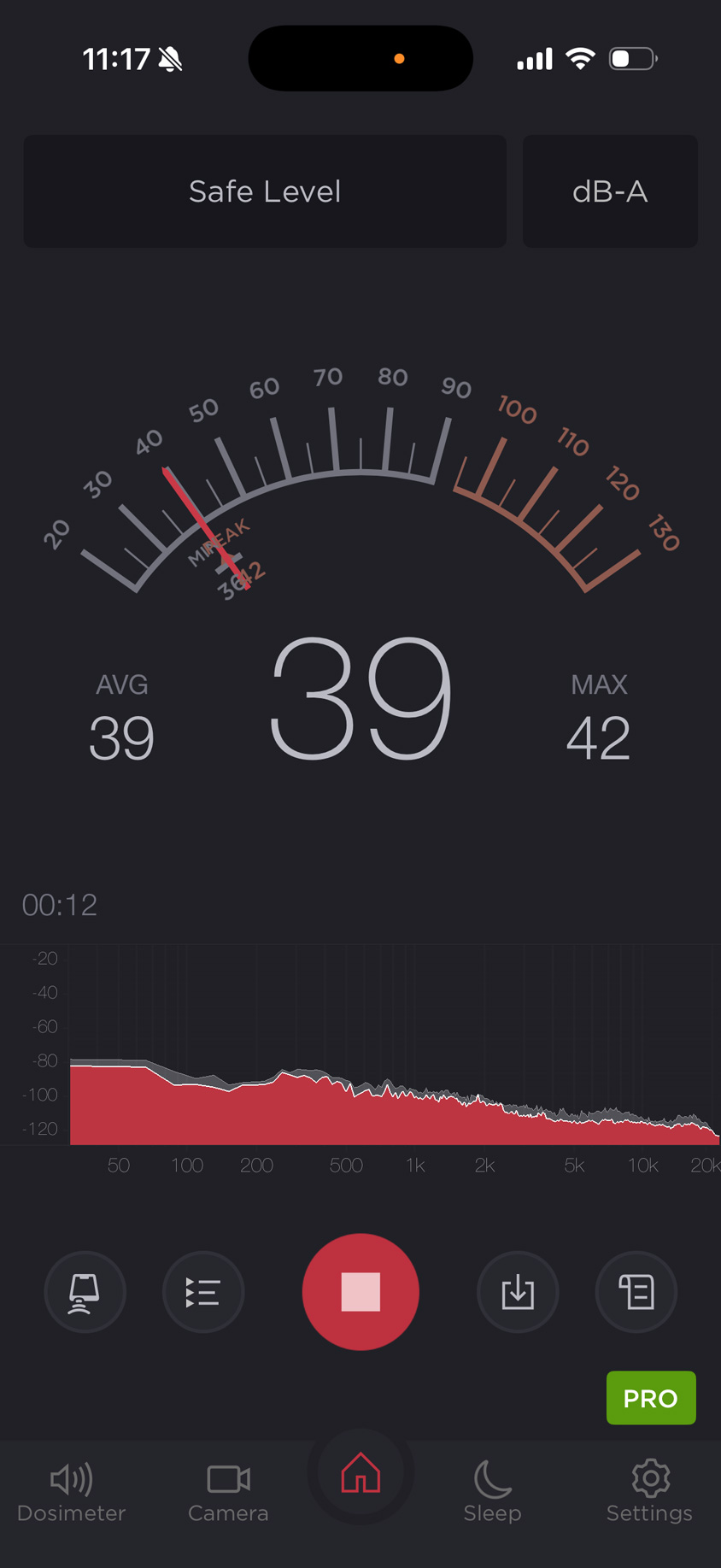 A screenshot of a sound meter used for testing the sound of the Levoit Core 400S. It reads 39 dB on fan speed 1. 