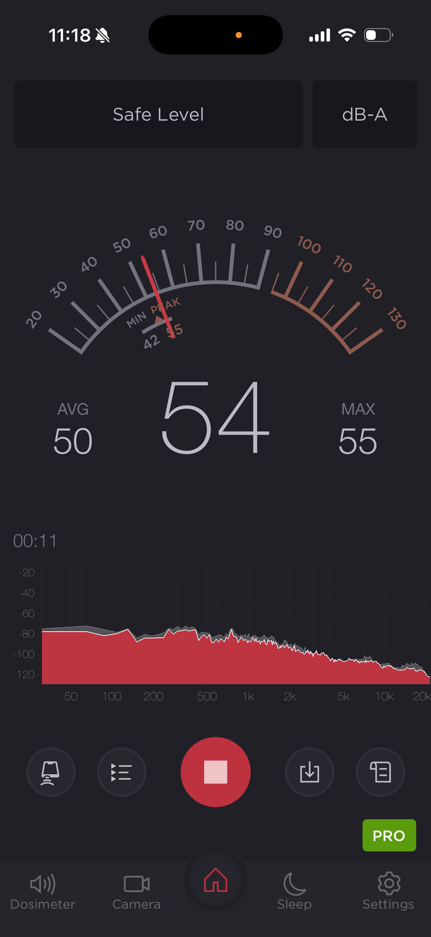 A screenshot of a sound meter used for testing the sound of the Levoit Core 400S. It reads 54 dB on fan speed 3. 