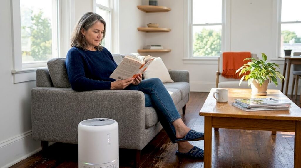 Woman reading near air purifier in living room