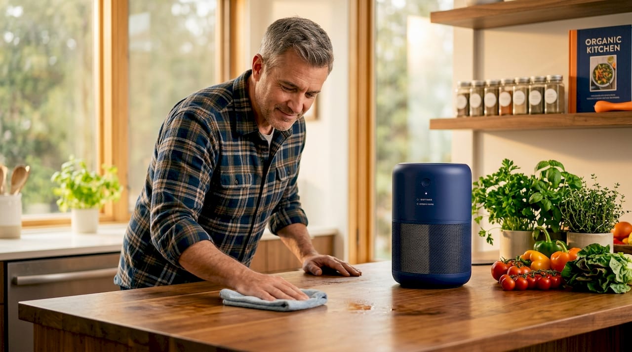 Man cleaning kitchen with air purifier running