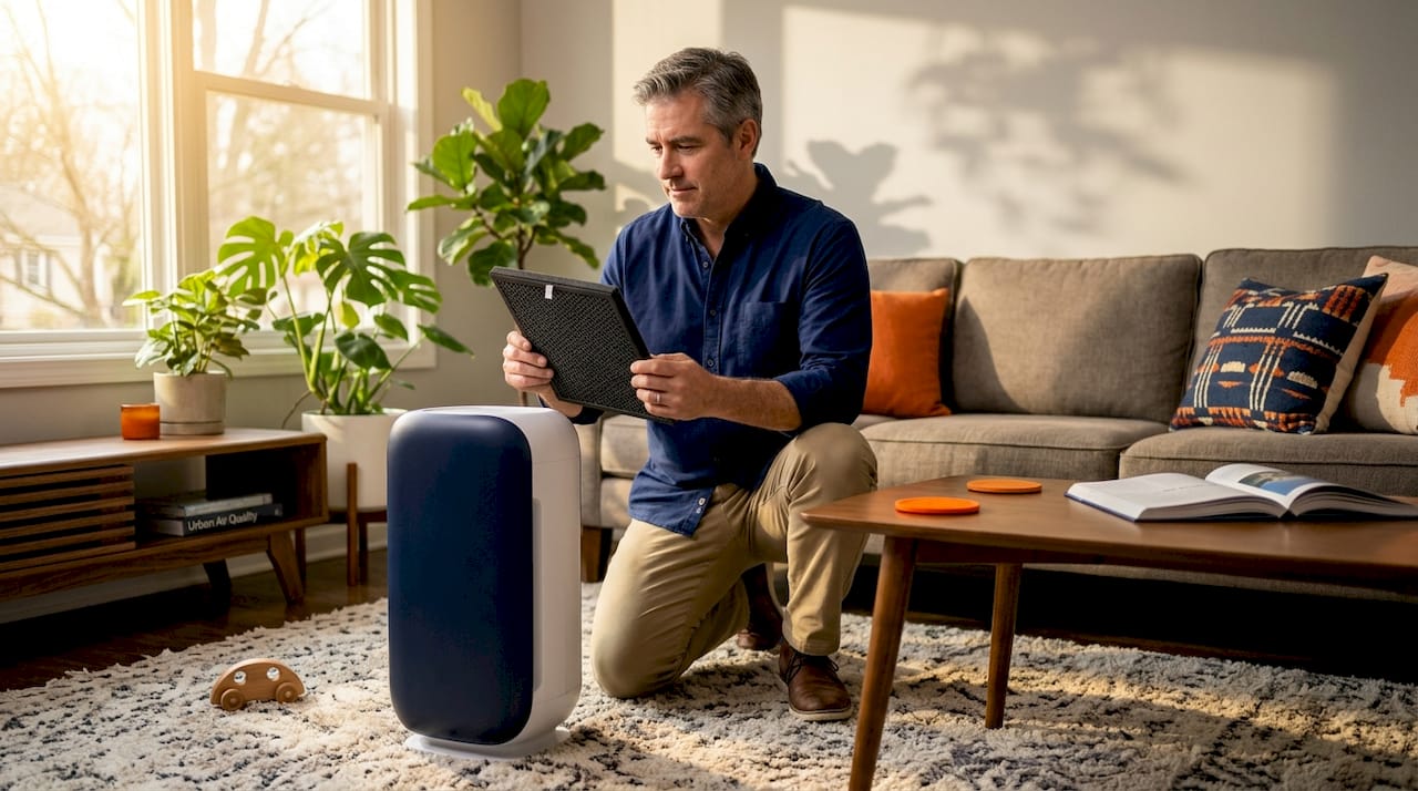 Man removes carbon filter from air purifier