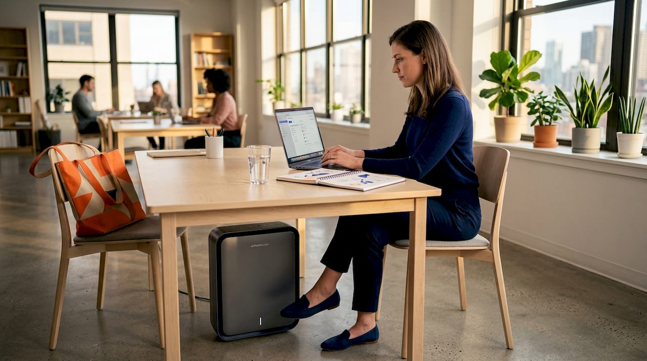 Office setting with air purifier by desk