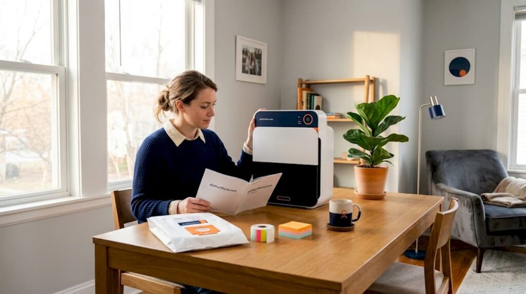 Person setting up air purifier at dining table