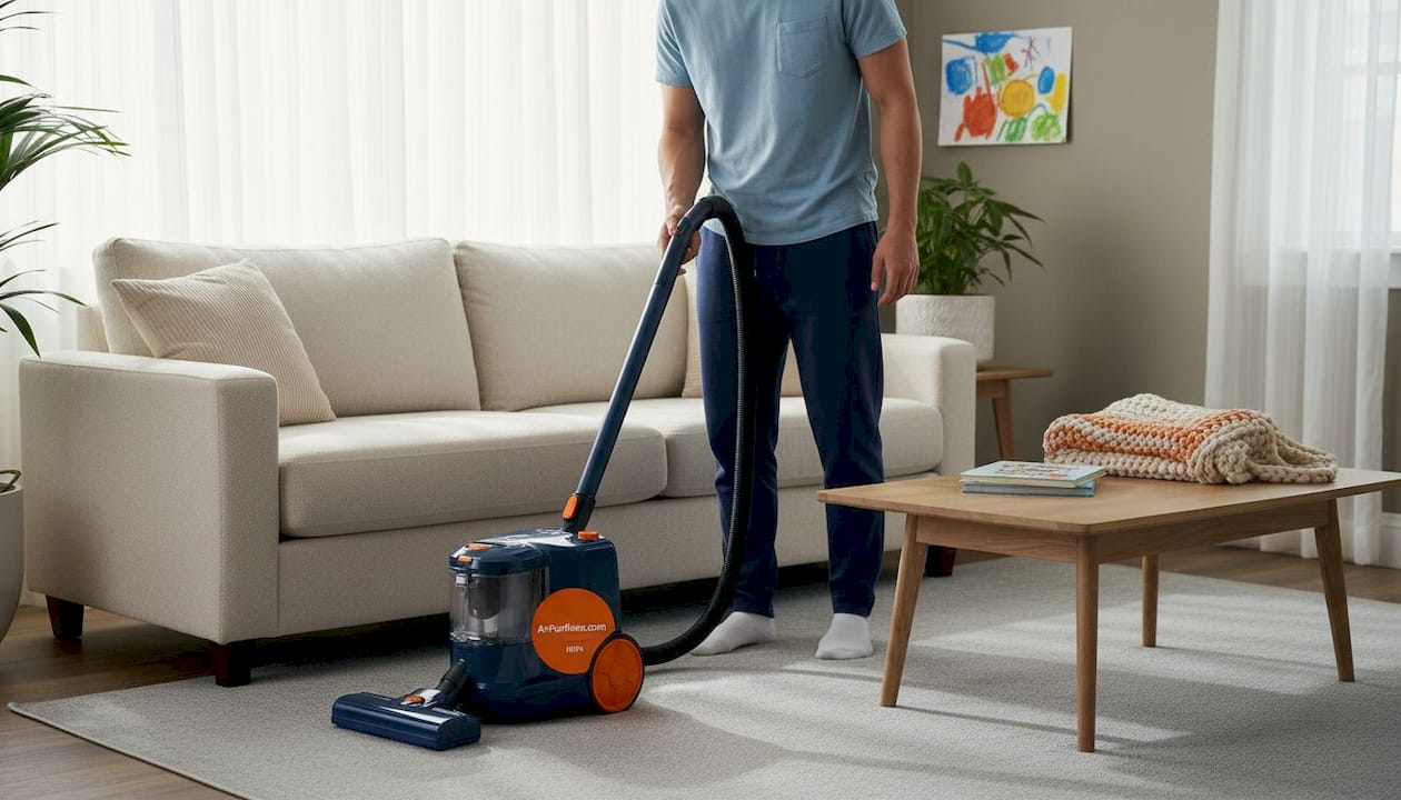 Man vacuuming carpet near bedroom bed