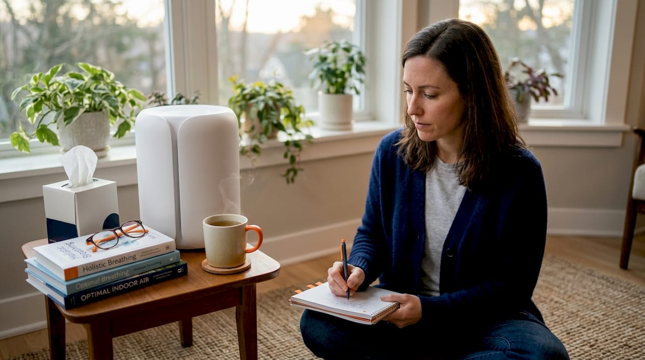 Woman tracking air purifier benefits for allergies