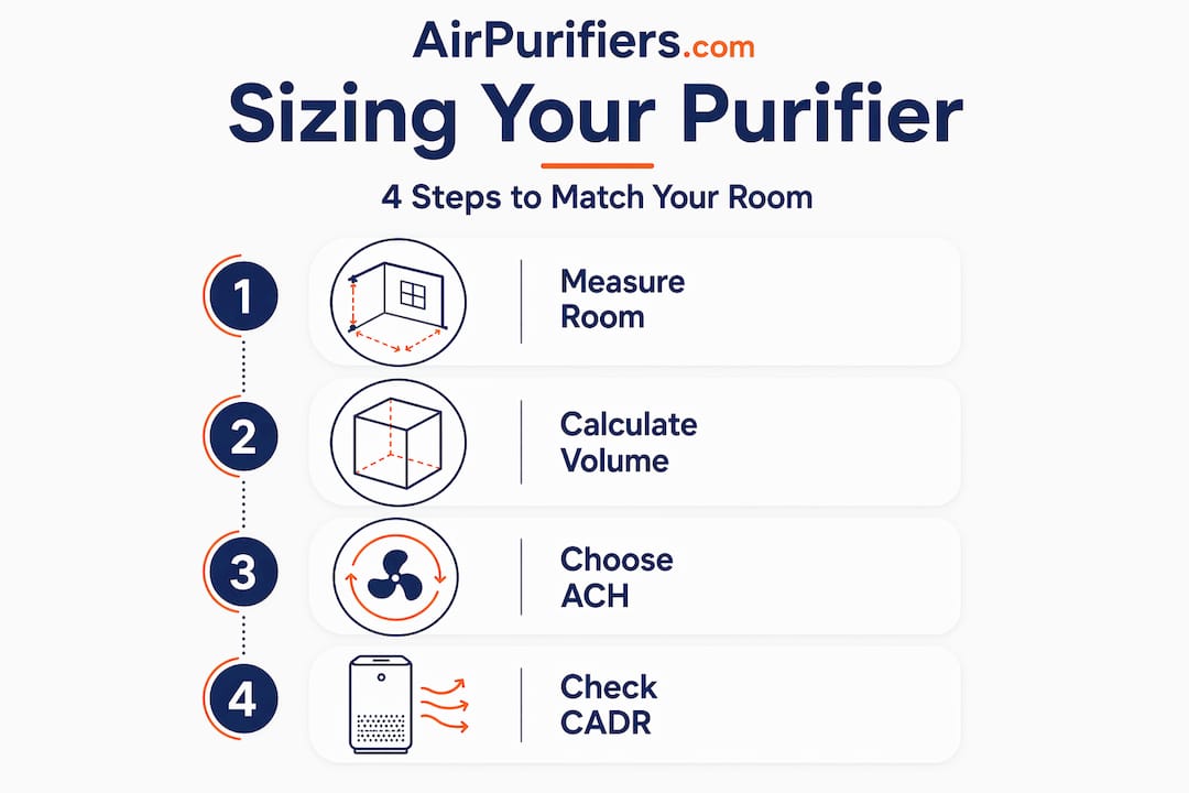 Infographic showing steps to size air purifier coverage