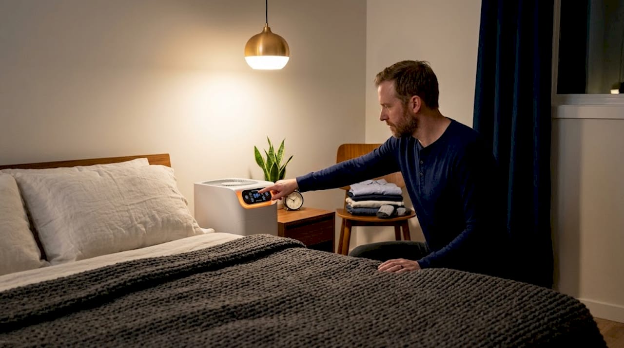 Man adjusting air purifier beside bed