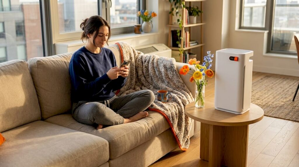 Woman relaxing near air purifier at home