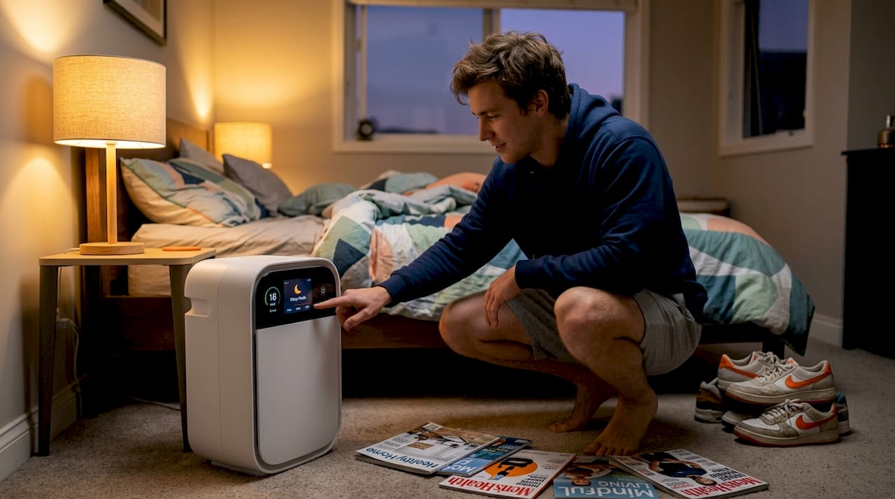 Person adjusting smart air purifier in bedroom