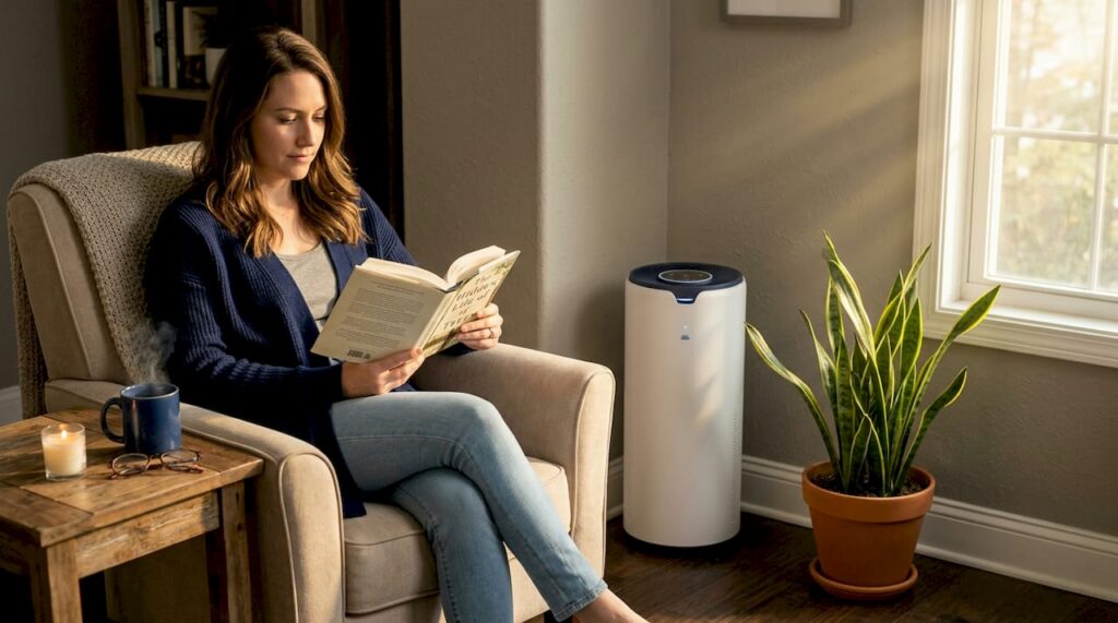 Smart air purifier in bright living room