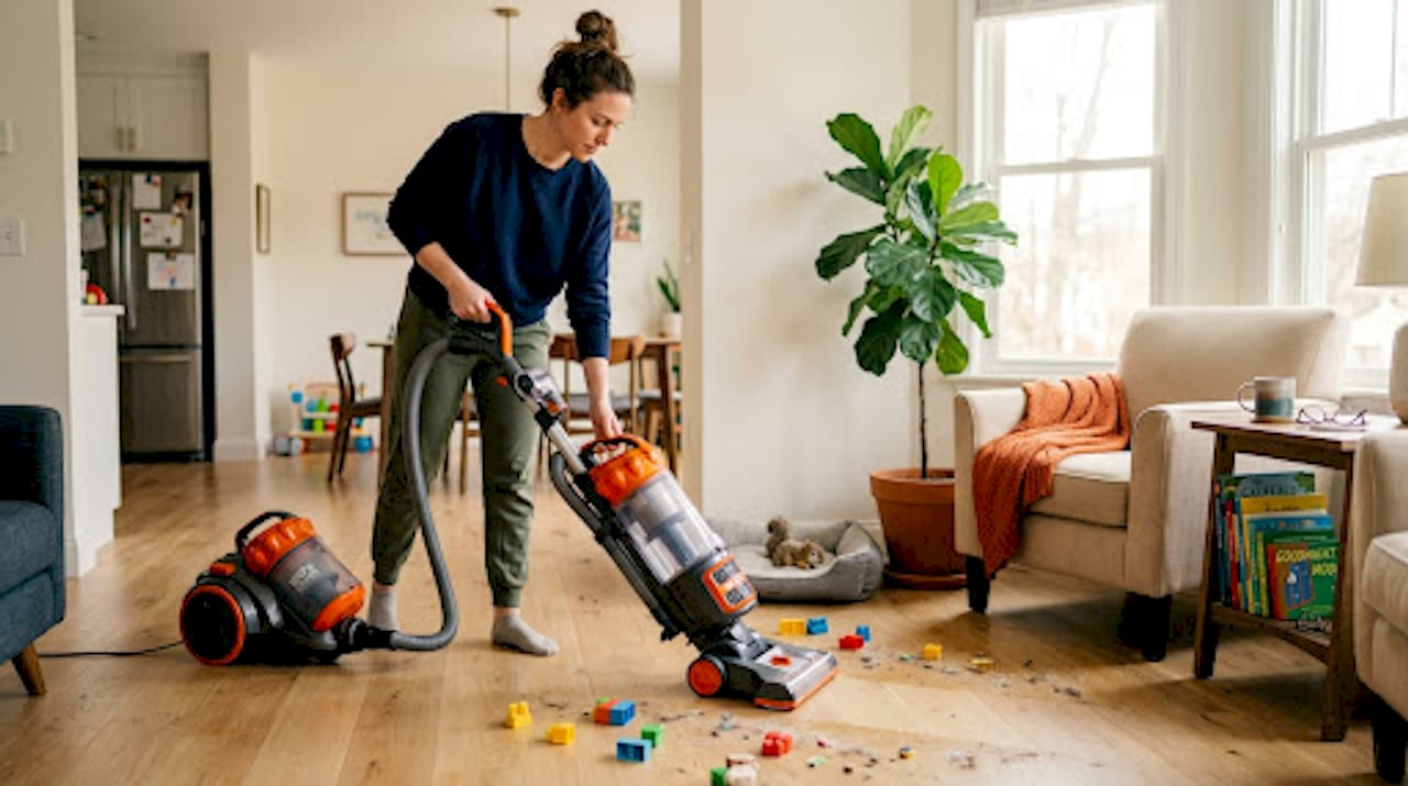 Woman vacuuming to remove indoor pollen
