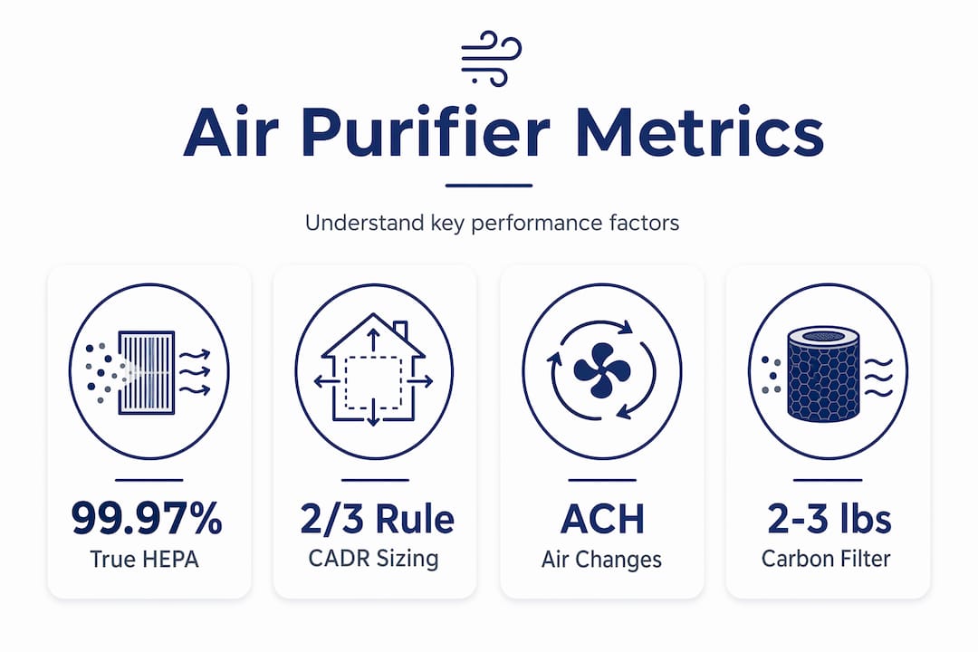 Infographic showing core air purifier metrics