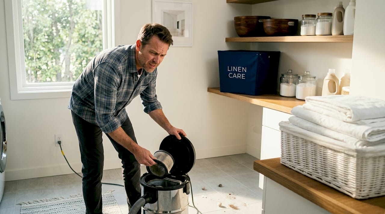 Man inspecting dusty vacuum filter at home