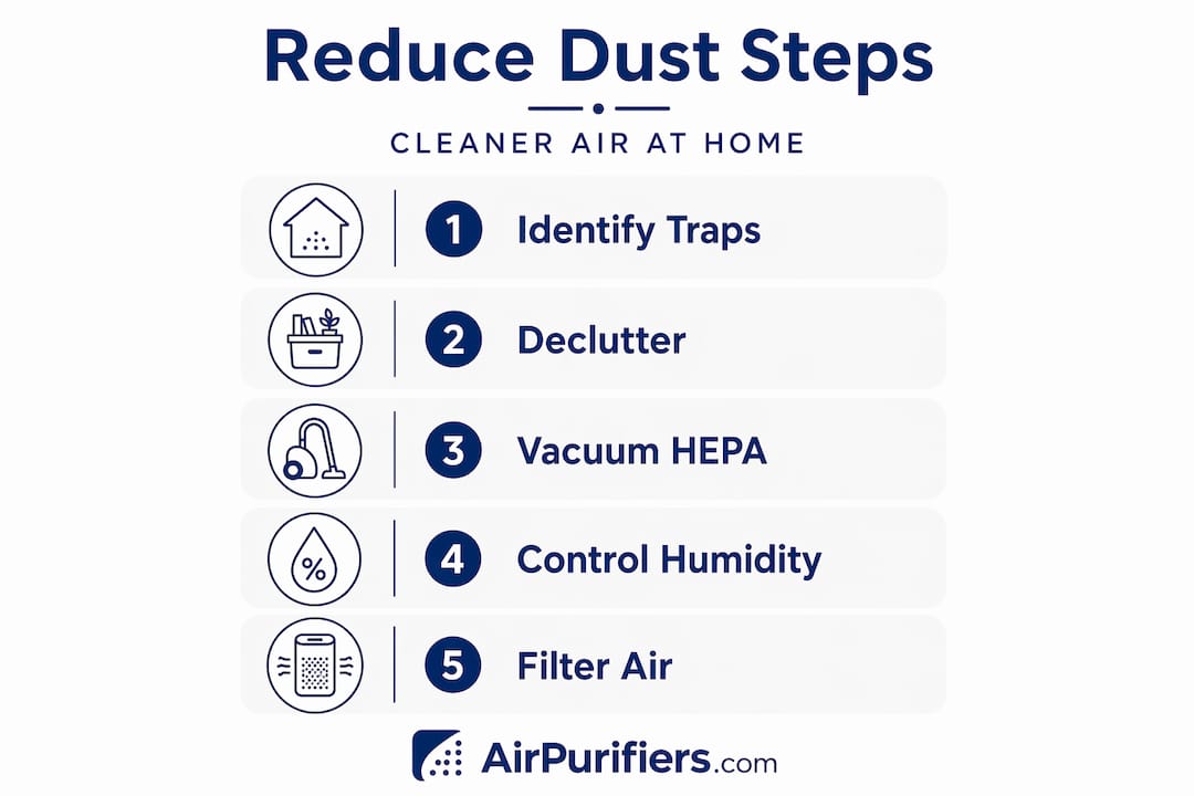 Infographic with five main steps to reduce dust