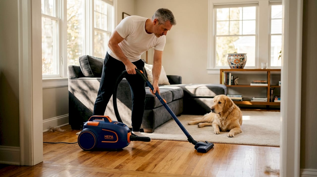 Vacuuming hardwood living room with pet nearby