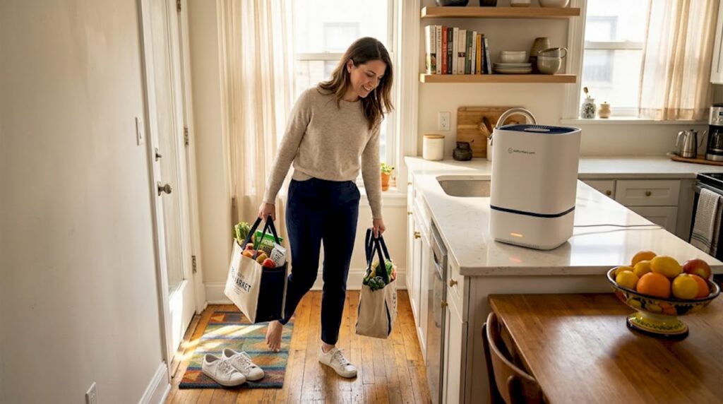 Person removing shoes at a tidy entryway