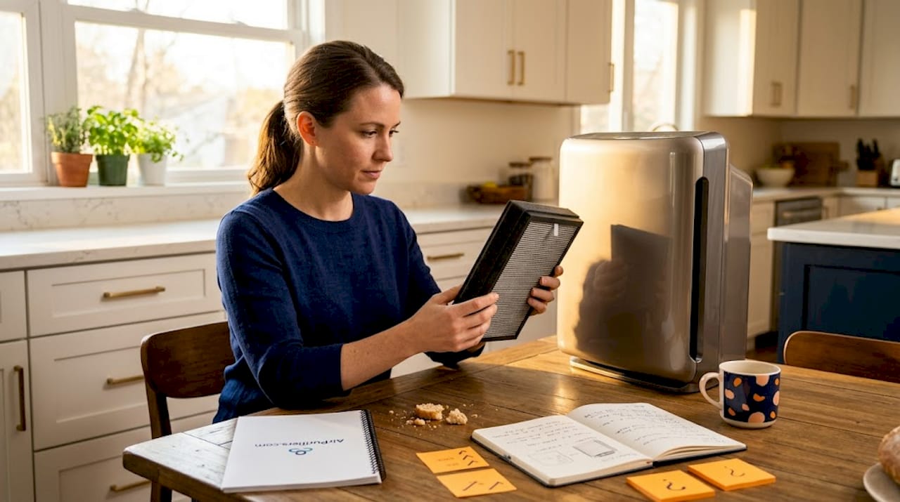 Person inspecting air purifier filter maintenance