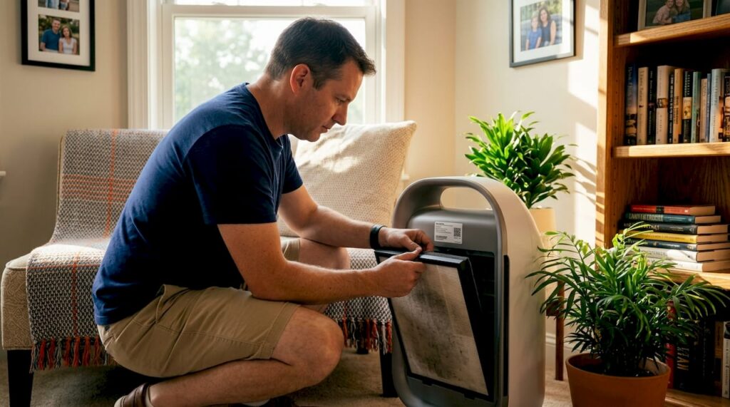 Homeowner replacing dusty air purifier filter