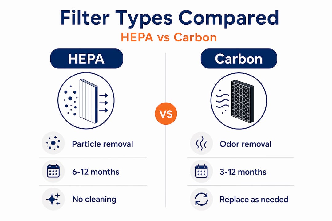 Infographic comparing HEPA and carbon filters