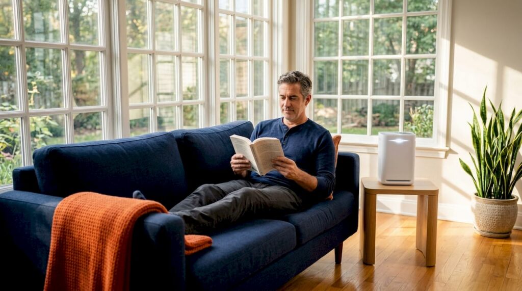 Man reading with air purifier in living room