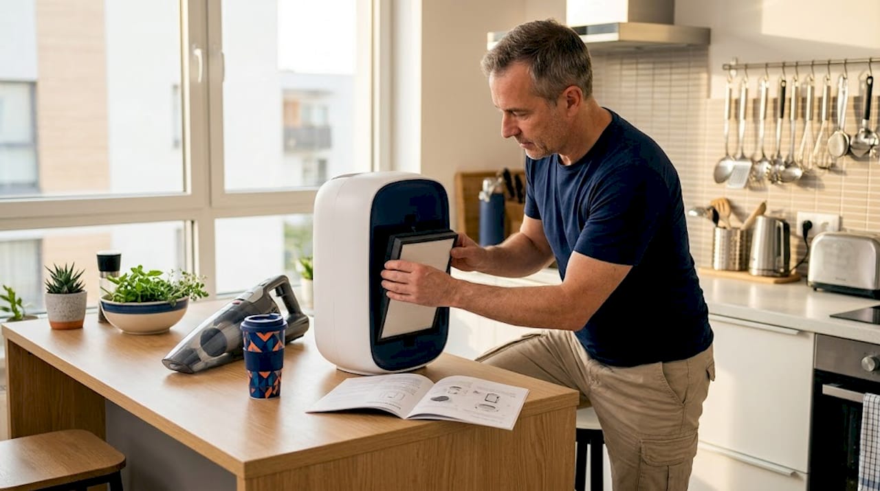 Man replacing air purifier filter in kitchen