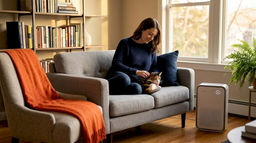 Woman relaxing with air purifier in living room