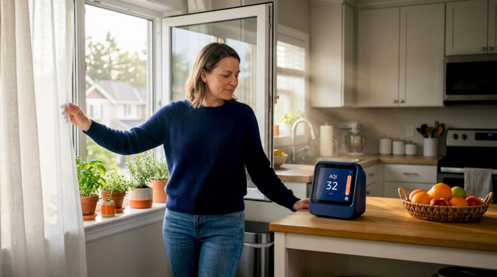 Woman adjusting window for clean indoor air