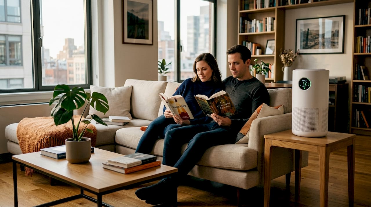 Air purifier placed by reading couple