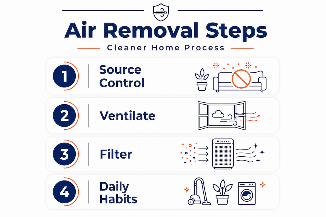 Infographic showing steps for clean indoor air