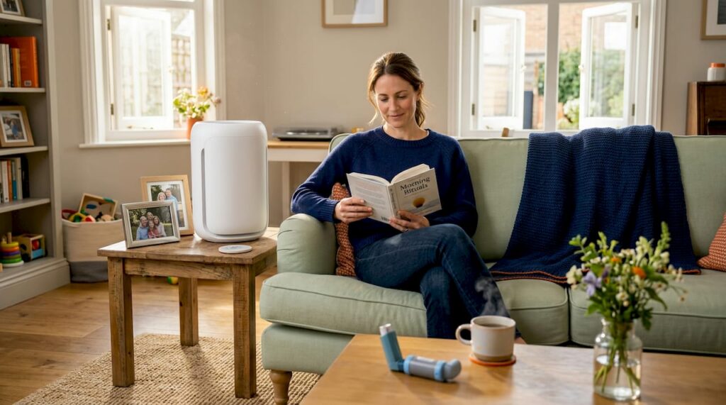 Home setting with air purifier running for asthma