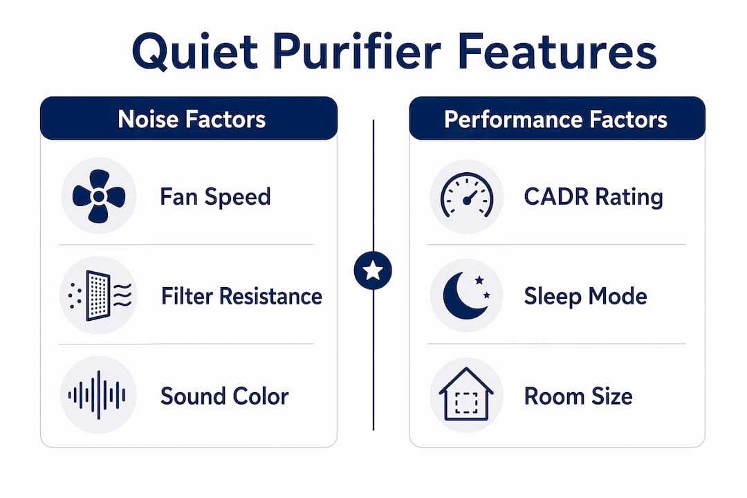 Infographic comparing noise and performance factors of quiet purifiers