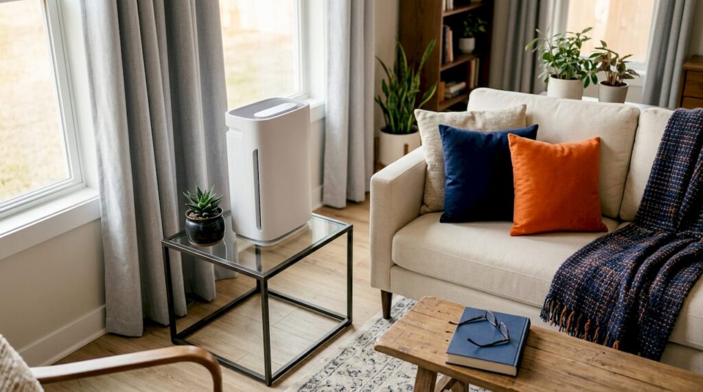 Modern living room with air purifier and sunlight