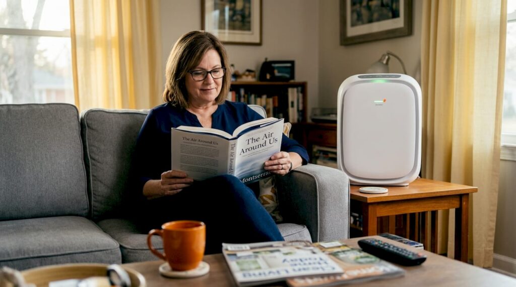 Woman relaxing near air purifier in living room