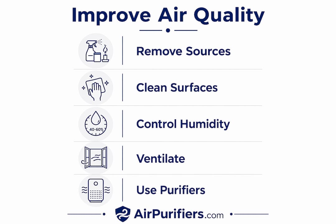Vertical flow infographic with 5 steps to improve bedroom air quality