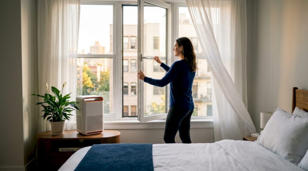 Woman ventilating bright bedroom with window open