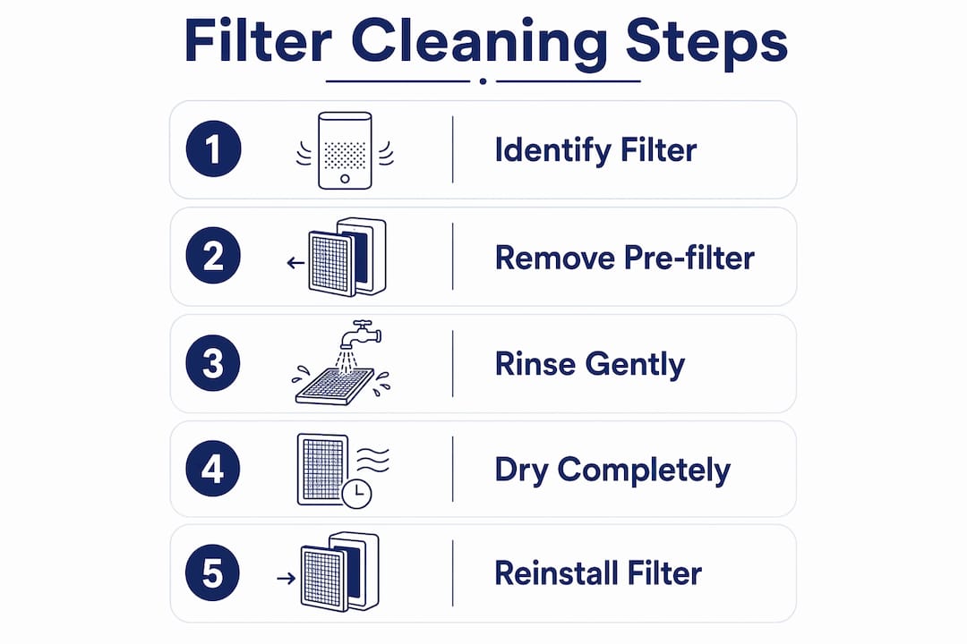 Infographic showing step-by-step air purifier filter cleaning process