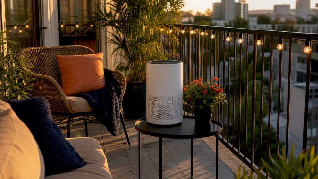 Modern living room with energy-saving air purifier