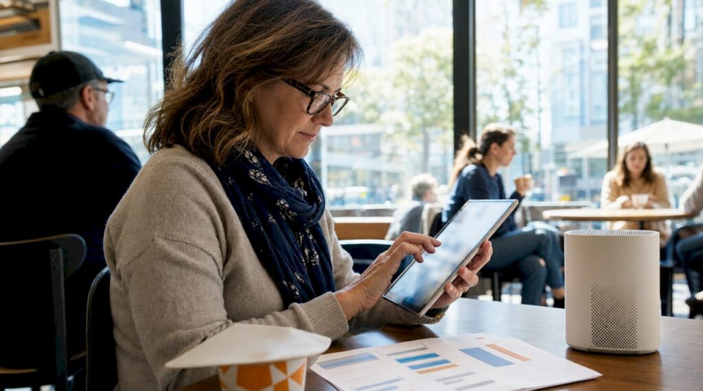 Woman comparing air purifier reviews on tablet at kitchen table
