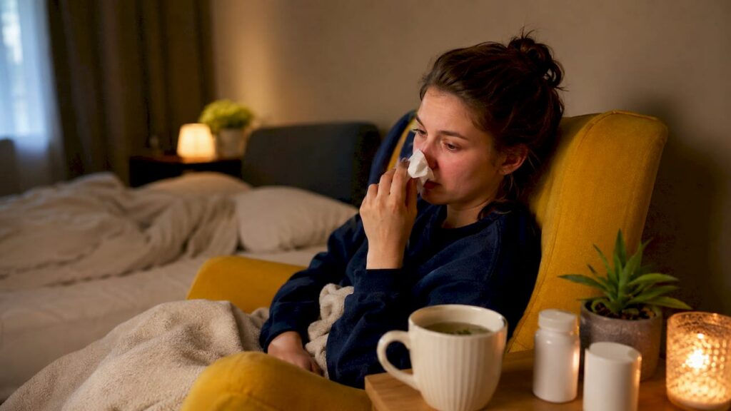 Woman with allergy symptoms sitting at home