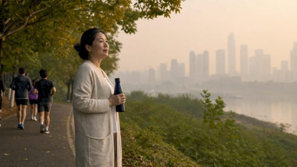Woman observing urban air pollution outdoors