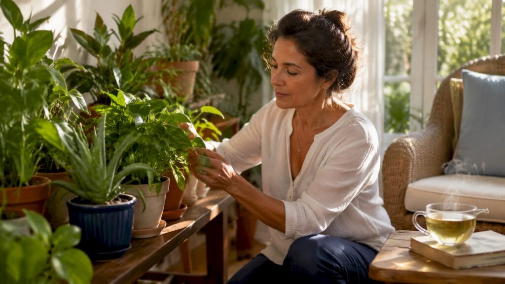 Woman caring for houseplants in living room