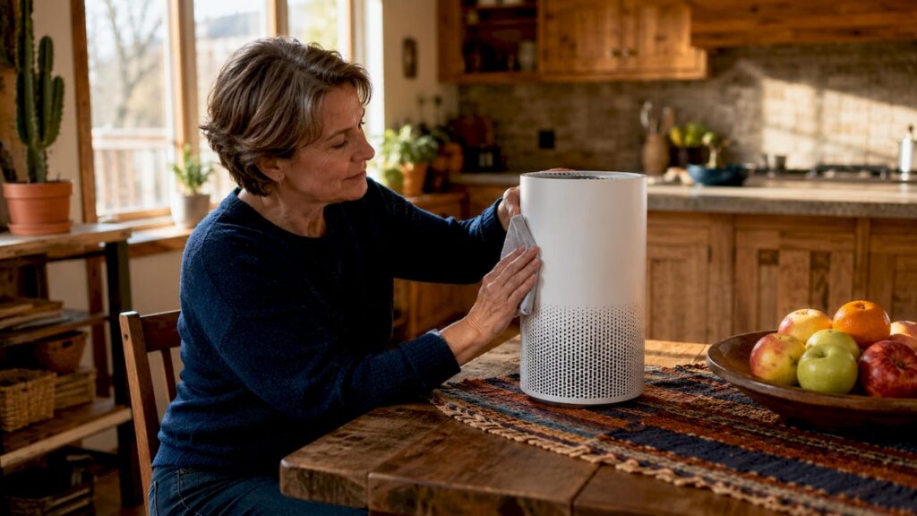 Person adjusting air purifier in living room