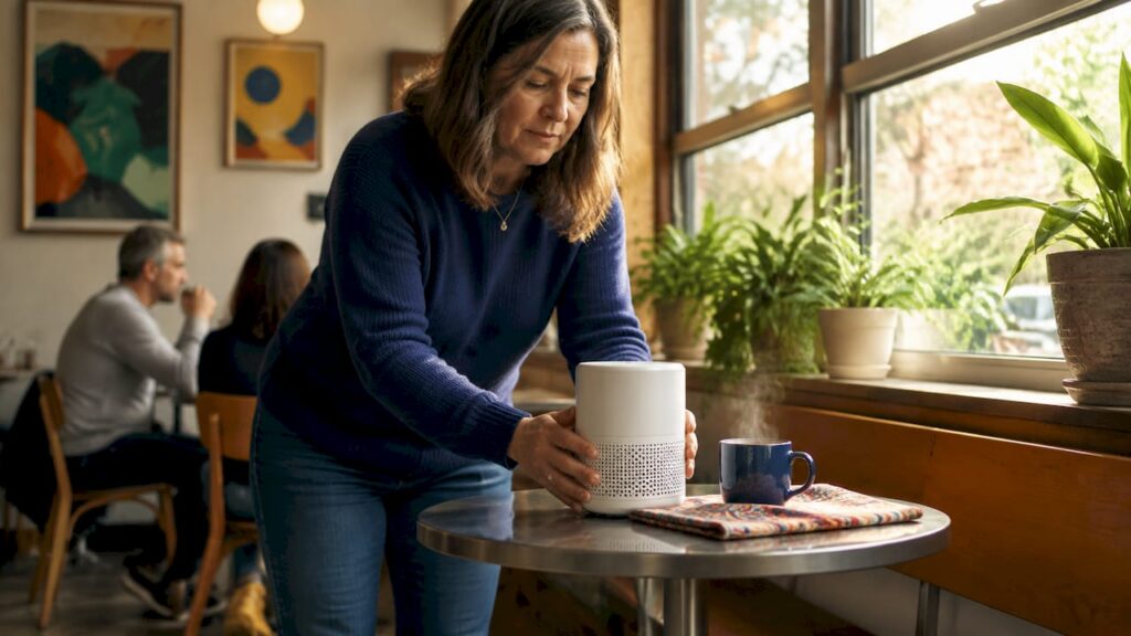 Woman setting up compact air purifier at home