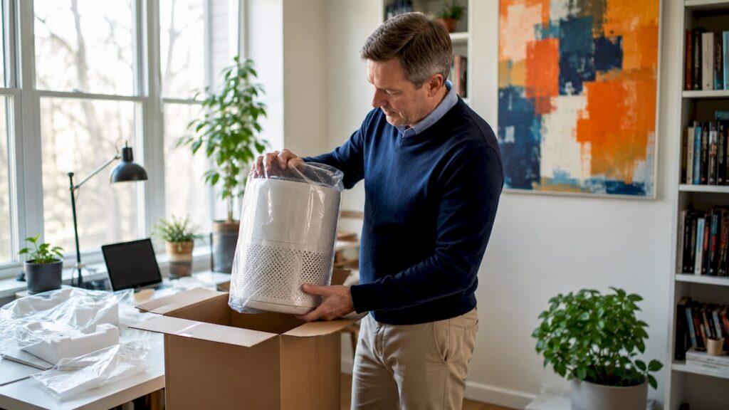 Man unpacking new air purifier at home