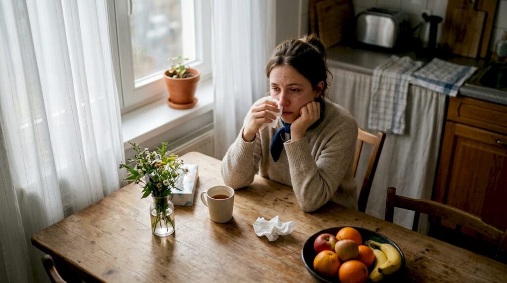 Woman experiencing seasonal allergies indoors on sofa