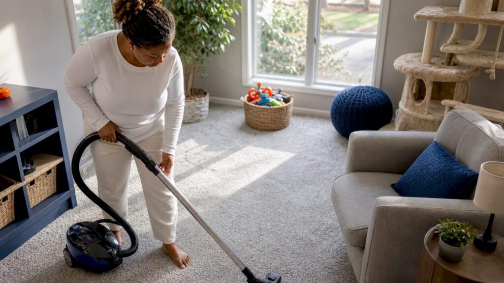 Woman vacuuming carpet to remove pet dander