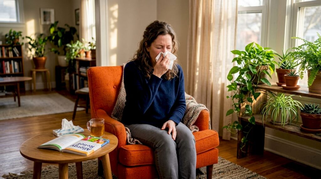 Woman sneezing at home due to dust allergy
