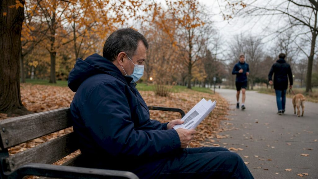 Man at bus stop amid urban smog