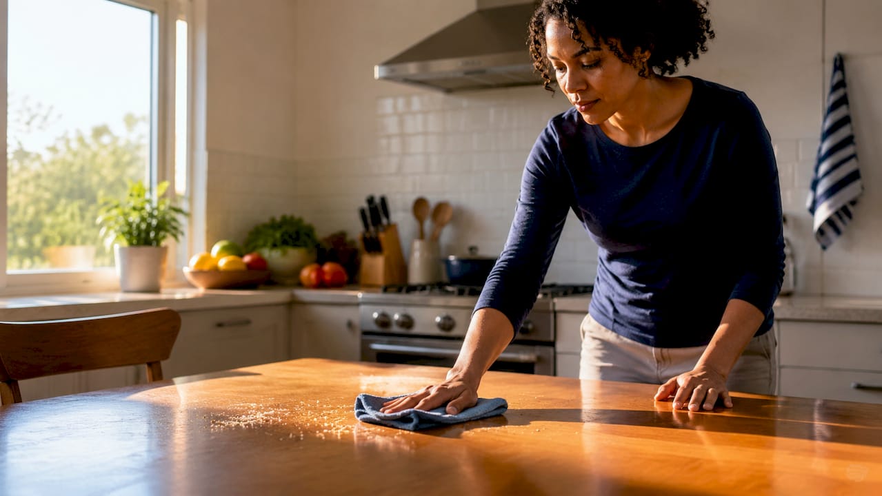 Hands cleaning kitchen counter to reduce pollutants